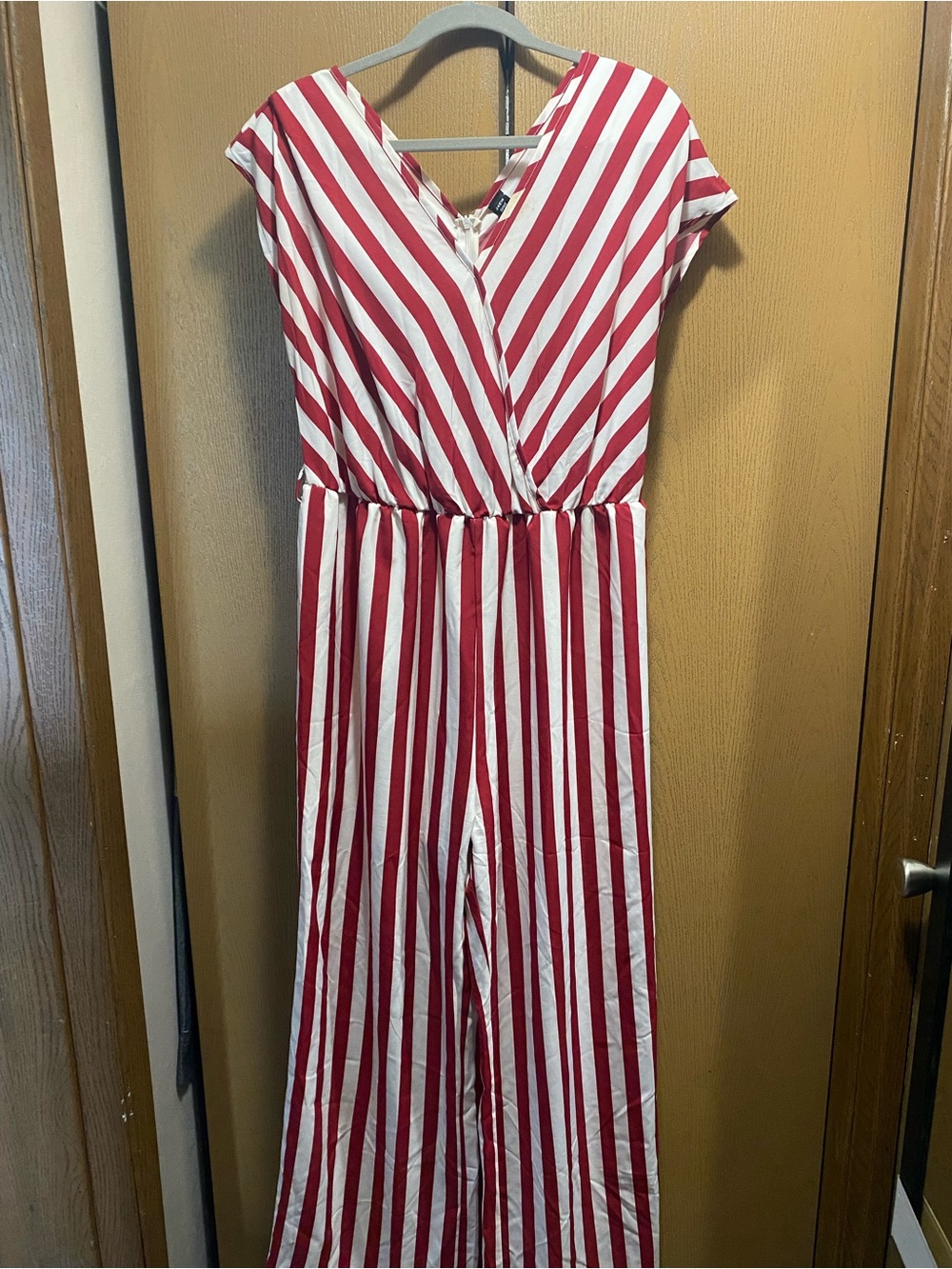 SHEIN Red and White Striped V-Neck Jumpsuit